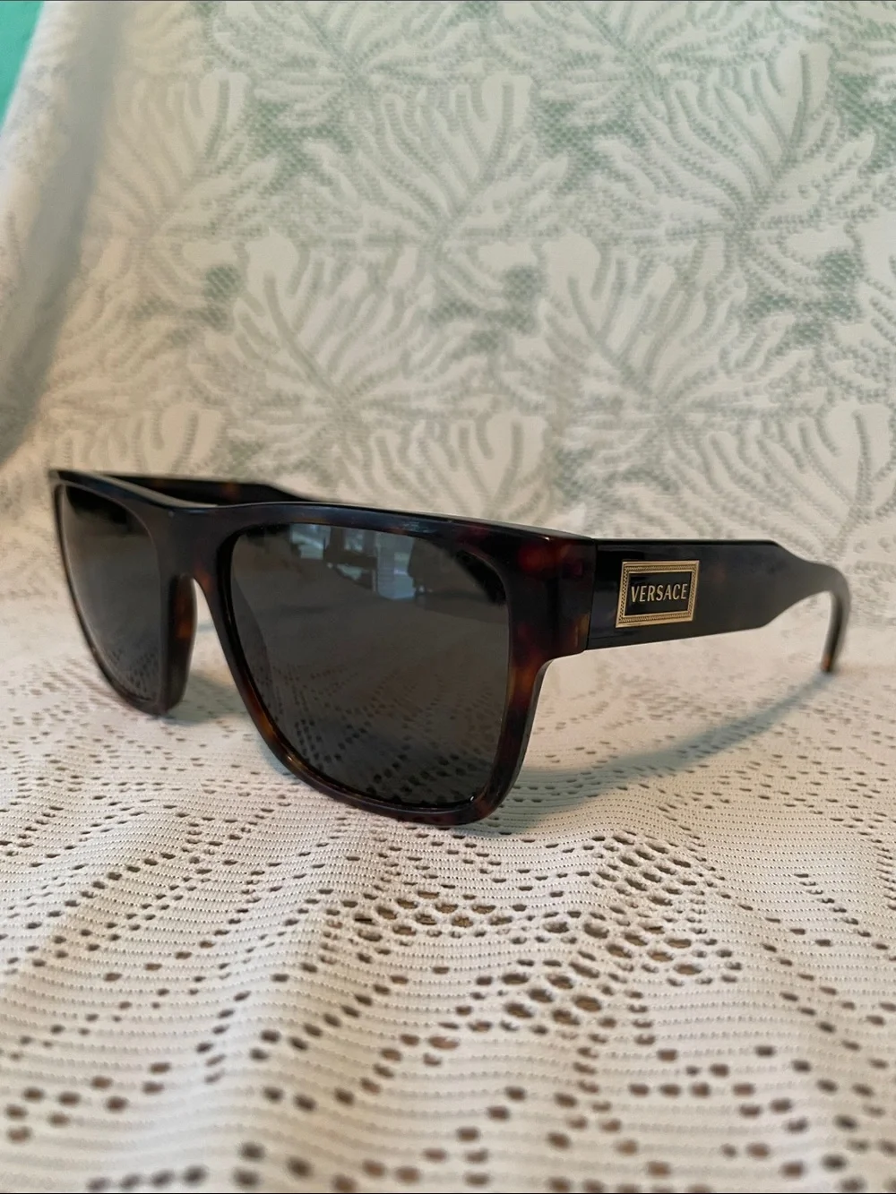 Versace Tortoiseshell Sunglasses with Black Lenses and Gold Logo Plaque